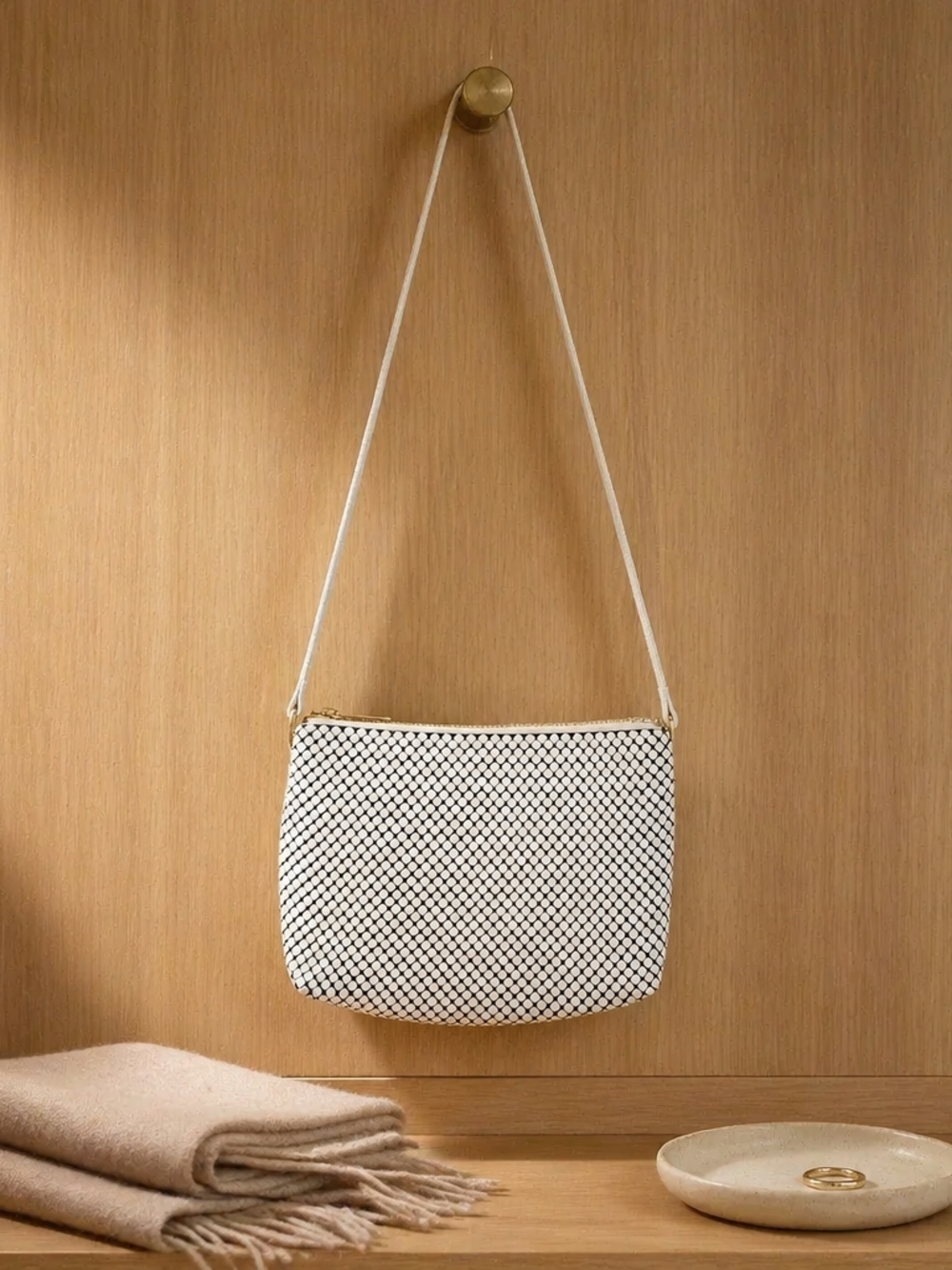 Whiting & Davis White Mesh Shoulder Bag with Gold Hardware